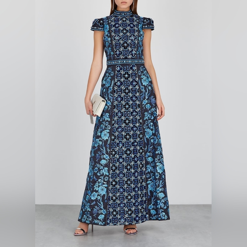 Alice + Olivia Azure Blue Nidia Embellished Mockneck A-line Gown Size 2